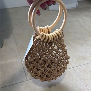 Handcrafted Tan Woven Bag with Wooden Handles Small Bag